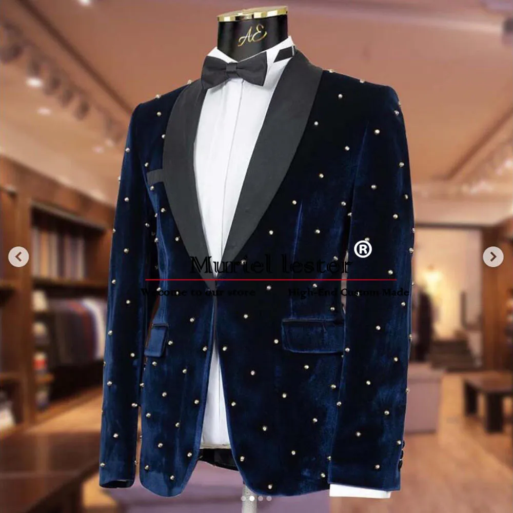 Classic Navy Velvet Suit Men For Wedding Handmade Black Satin Pearls Jacket Pants 2 Pieces Bridegroom Man Tuxedos Custom Made