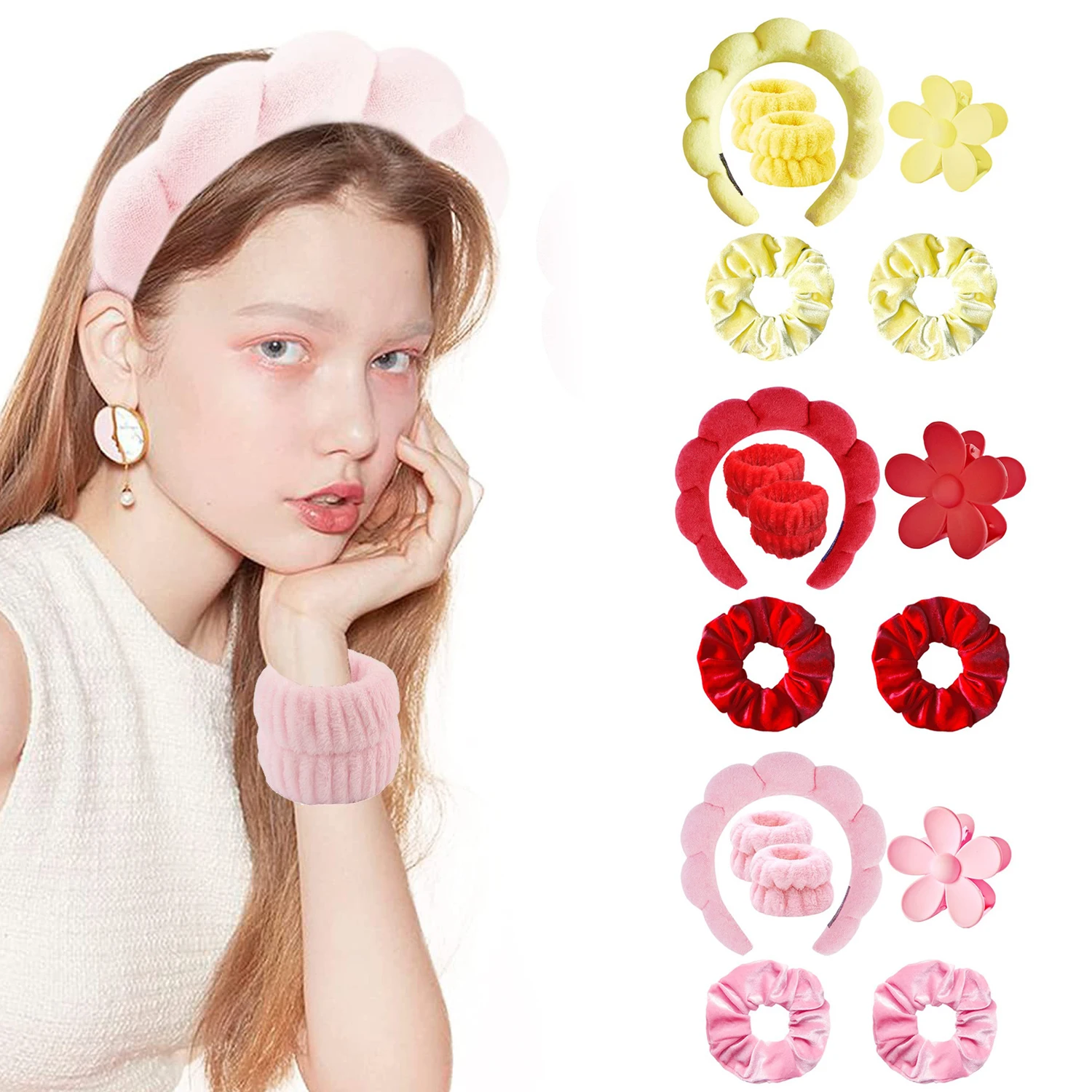 

6pcs/set Spa Headband For Washing Face Wristband Set Sponge Makeup Headband Wrist Towels Hairband For Women Hair Accessories