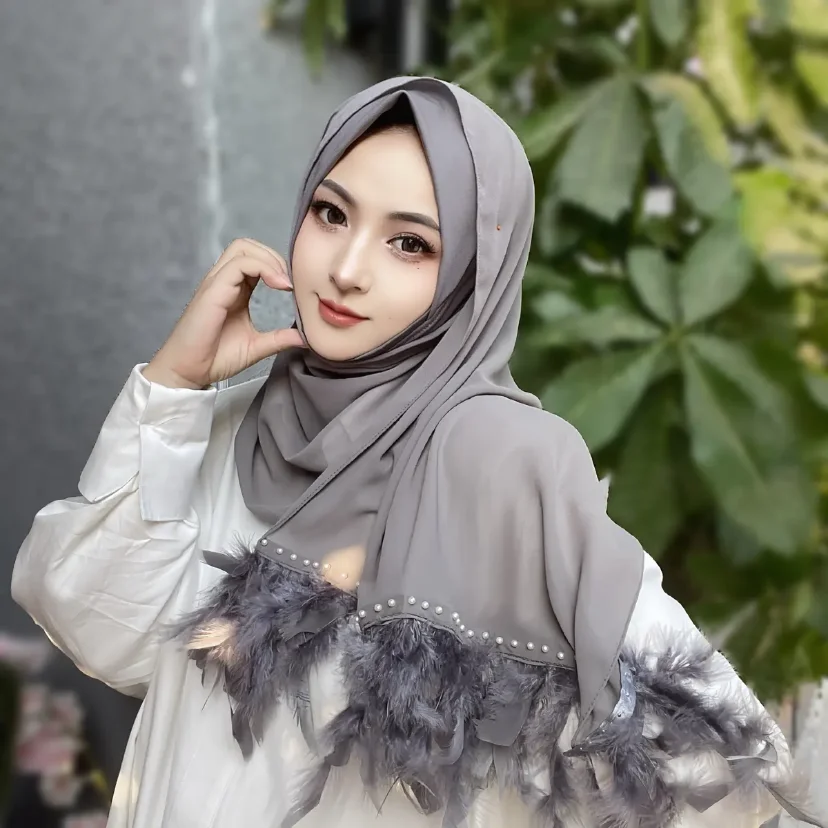 Feather Decor Muslim Women Elegant Instant Wrap Hijab