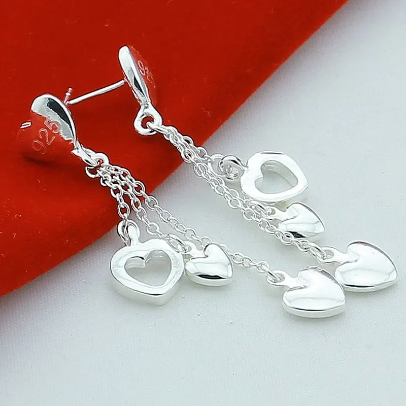 

925 Sterling Silver Three Hearts Drop Stud Earrings For Women Wedding Party Gift Accessories Fashion Jewelry