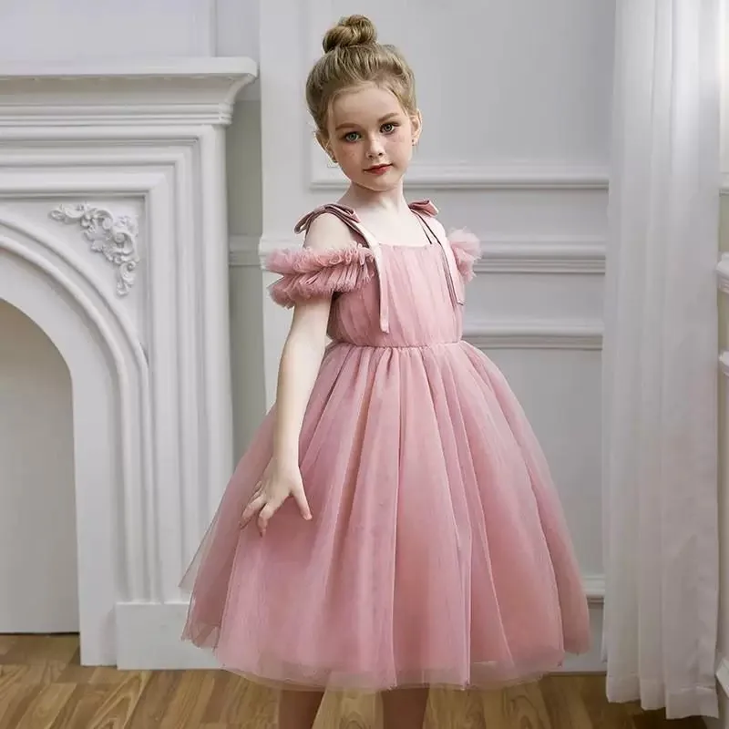 Sisters Pink Fairy Dress for Teens Girls Strapless Summer Princess Gown Flowy Ruffle Sundress Wedding Birthday Party Baby Outfit