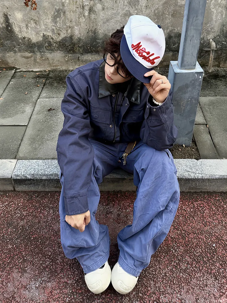 Retro Washed Loose Fit Men's Work Jacket with Multiple Pockets Spring Autumn Outerwear Casual Style Zipper Closure