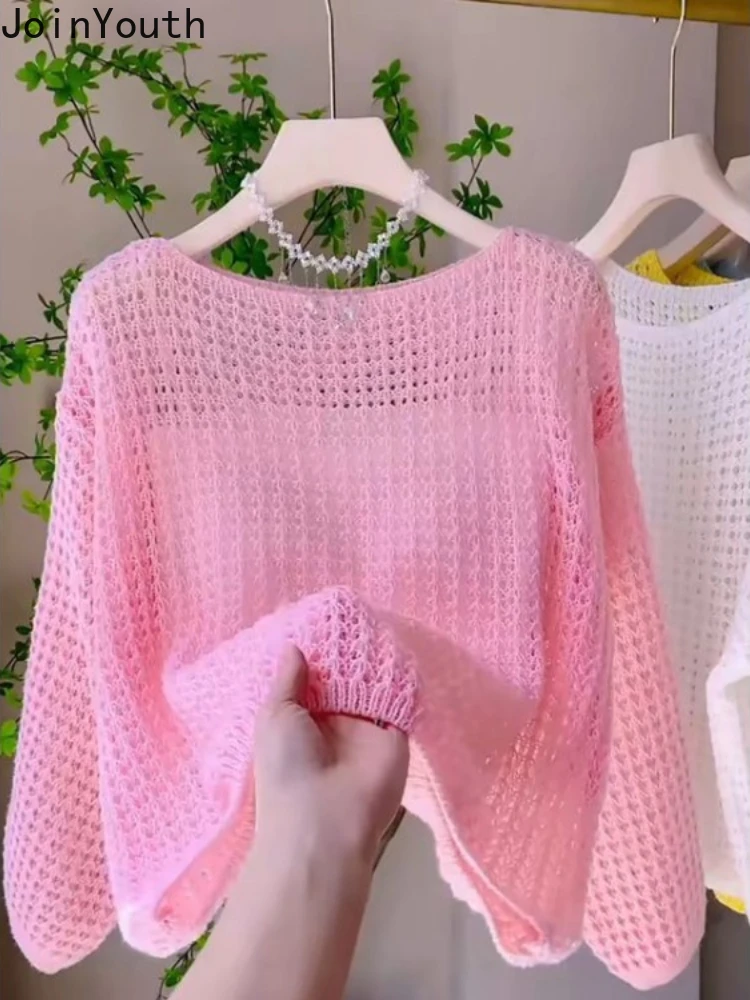 Jersey de manga larga con cuello redondo para Mujer, suéter corto de punto calado fino, Tops a la moda, 2024