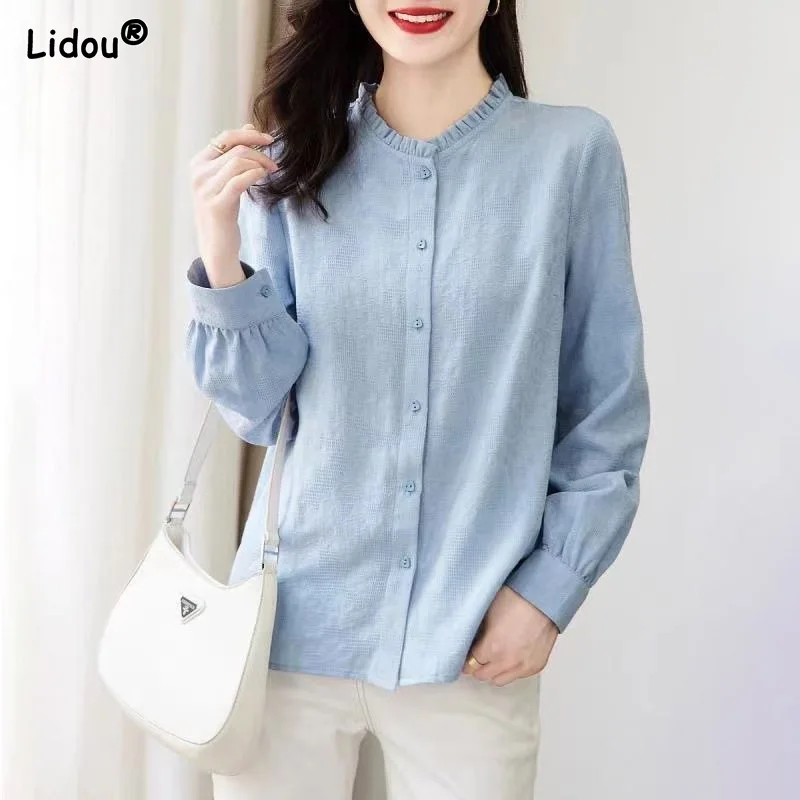 Blouses Loose Thin Solid Ruffled Button Straight Casual Elegant Trend Simplicity Spring Summer Comfortable Women\'s Clothing 2022