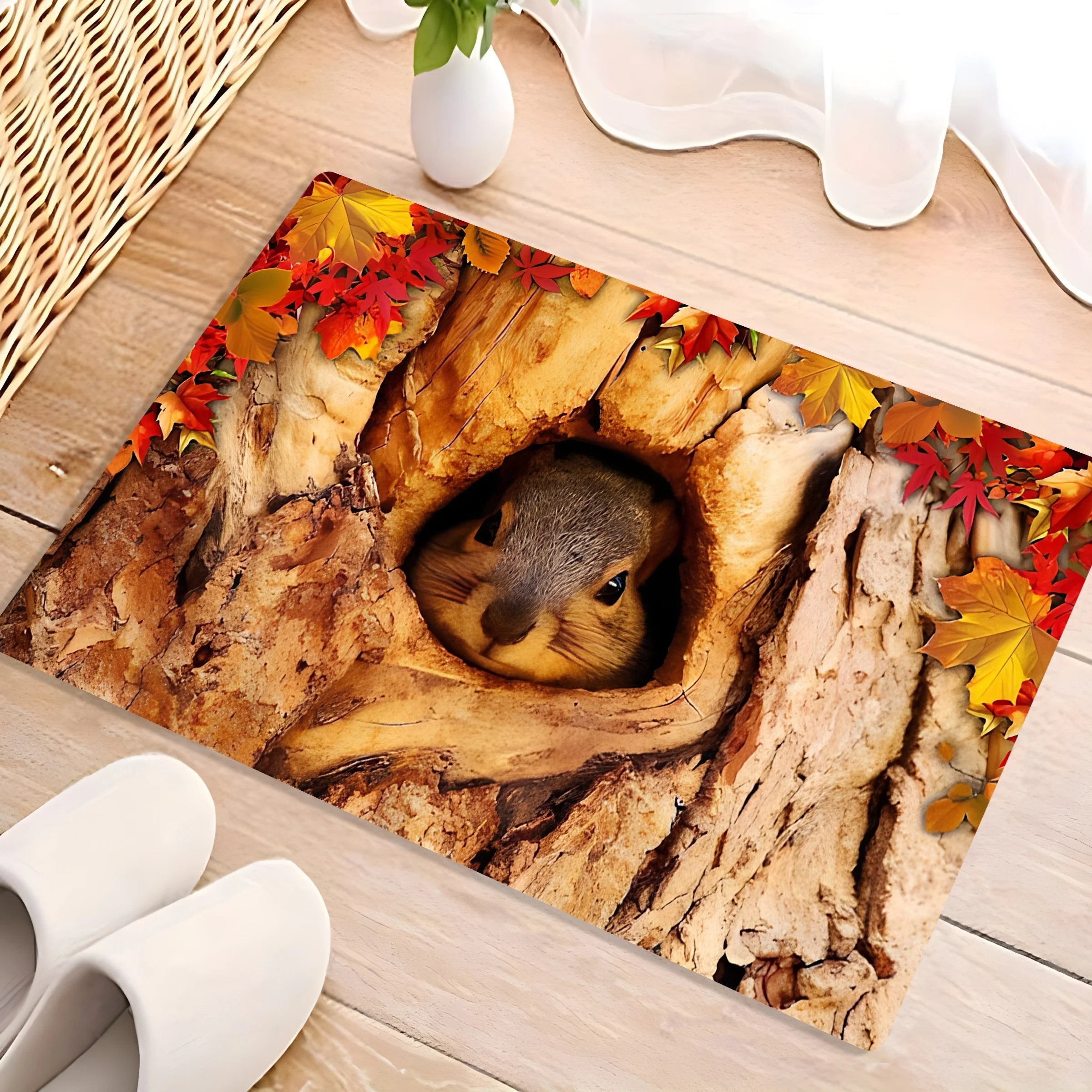 Autumn Squirrel Tree Hole Shaped Rug Fall Maple Leaf Forest Print Non Slip Washable Floor Mat for Living Room Nature Home Accent