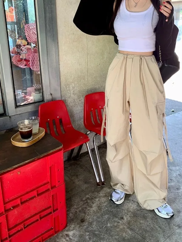 

Retro High Waist Wide Leg Pants Women's Loose Casual Trousers Dstring Straight Long Pants Workwear Spring Faion