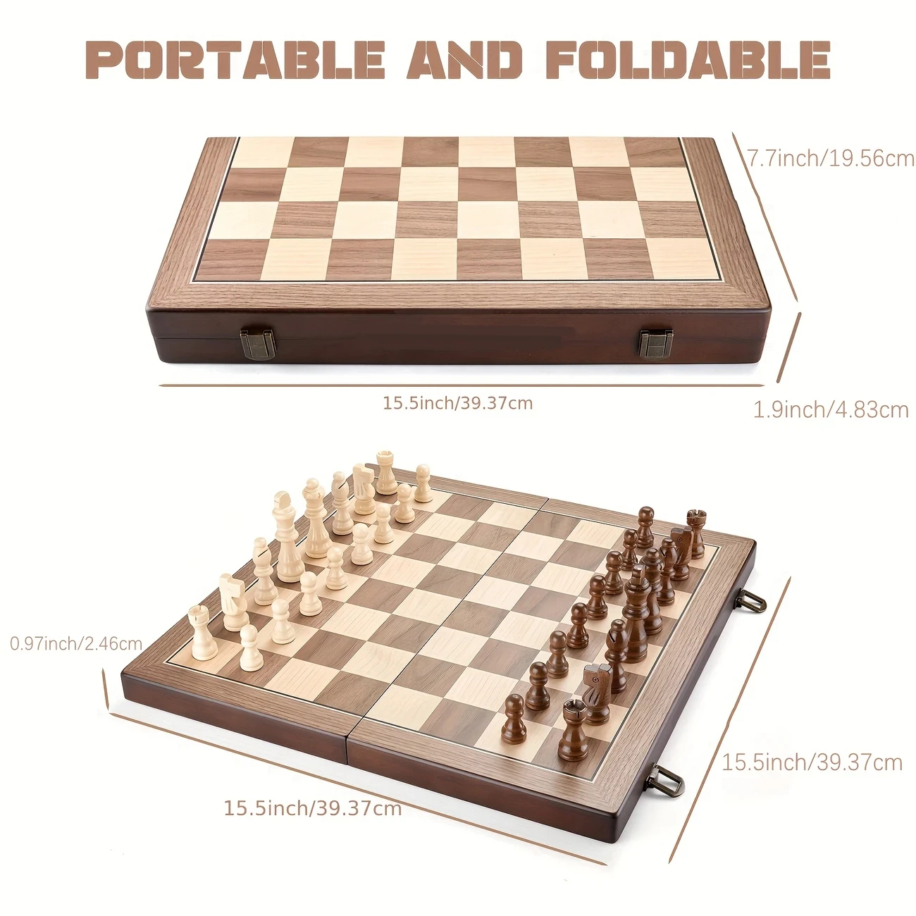 39,37 cm/15,5 Zoll Magnetisches Holz-Schachspiel mit 2 zusätzlichen Dronnen, faltbares, tragbares Reisebrett, geeignet für Turniere – Detail 5