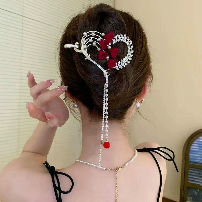 

Women's Wine Red Hairpins Hair Clips Female Fashion New Headwear Rose Flower Pearls Tassel Headdress 2025 New Headwear