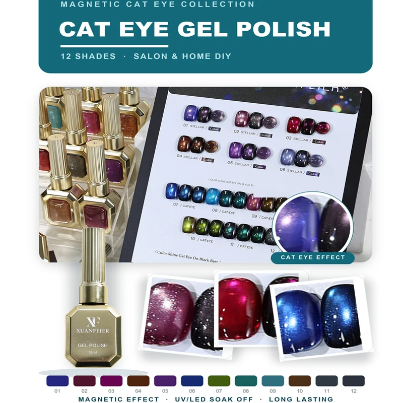 12 Colors Black Base Cat Eye Gel Nail Polish Set UV LED Soak Off Magnetic Nail Art Kit for Salon Studio DIY Manicure