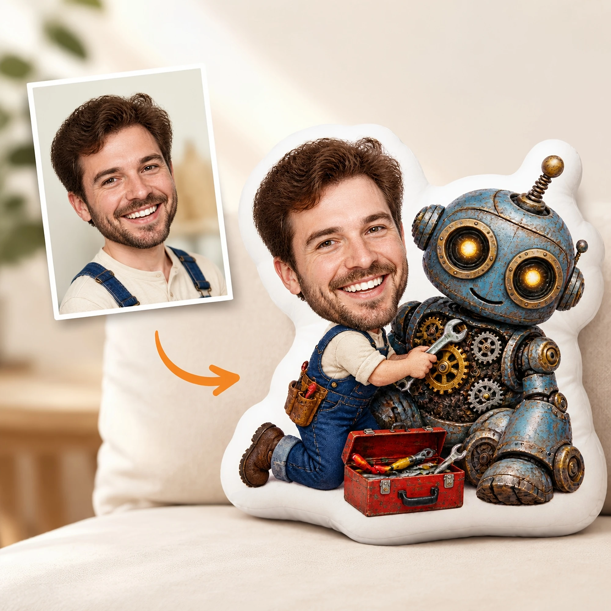 1pc 2D Flat Custom Double Sided Printed Creative Funny Shaped Pillow with Personalized Face and Robot Design for Playful Home De