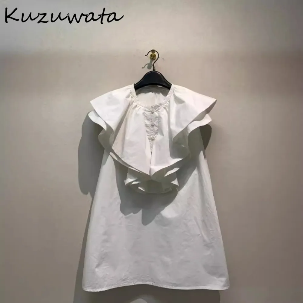 

Kuzuwata Sweet New French Style Ruffled Shirt All-match Literary Vintage Loose Slim Blouses Japan Elegant Office Lady Fresh Tops