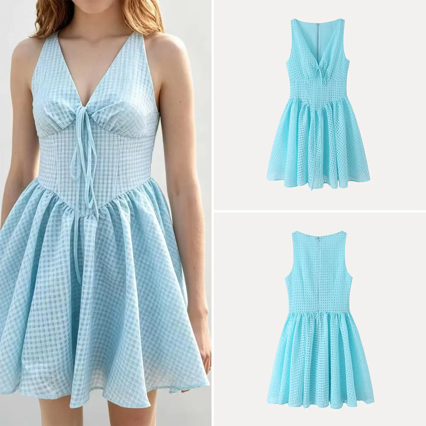 

Women's Fashion Summer 2026 Hollow out Mesh Puffy Skirt Slim Fit Heavy Embroidery Personality Matching V Neck Daily Wear