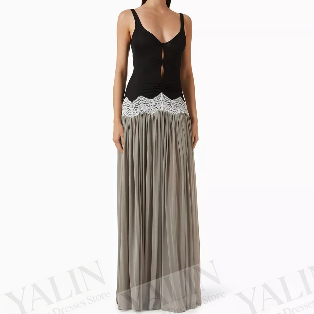 

Women's A-line Evening Dresses Floor-length V-neck Sleeveless Prom Dresses Fashion Lace Simple Draped Casual Customized Gowns