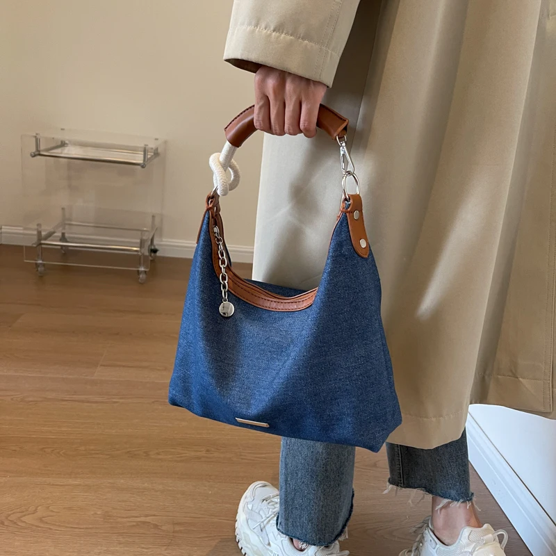 Denim Fabric Shoulder Bags For Women Luxury Designer Purses And Handbags Blue Underarm Hobos Casual Street Crossbody Totes 2023