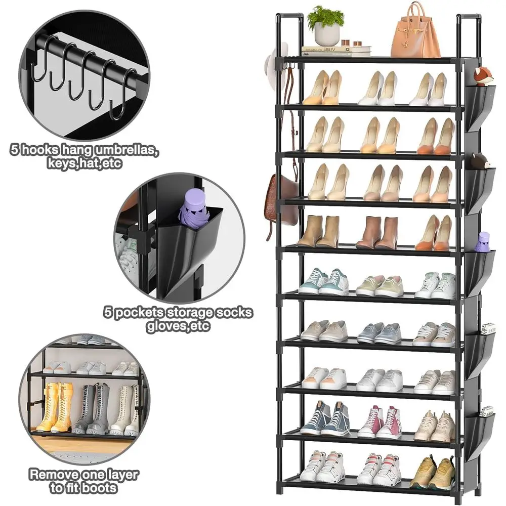 10-уровневый металлический органайзер для обуви с крючками и карманом для хранения в шкафу