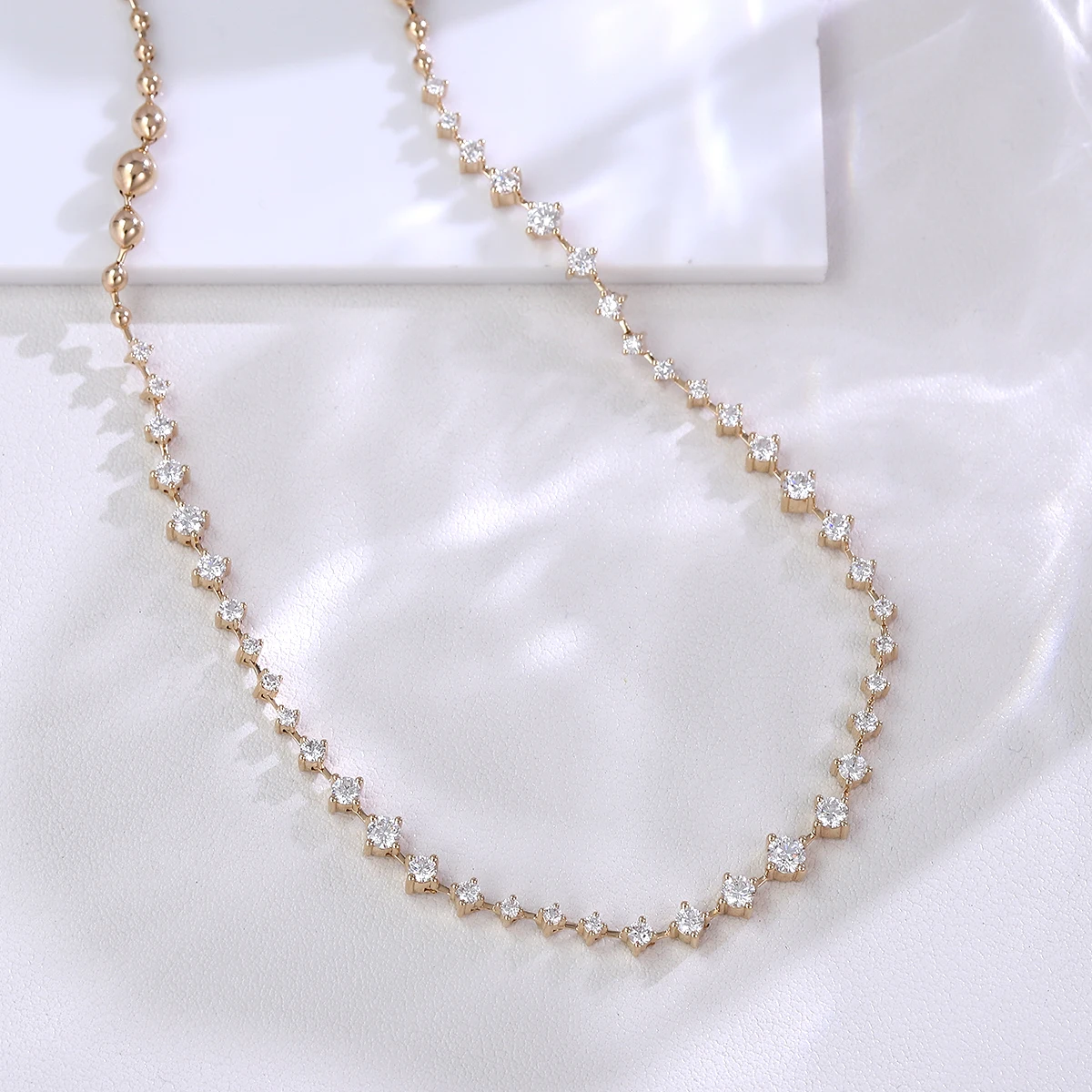 Provence 14K Moissanite Choker Necklace for Women Solid Gold Round Cut Necklace for Girlfriend AU585 Gradiant Beaded Necklace