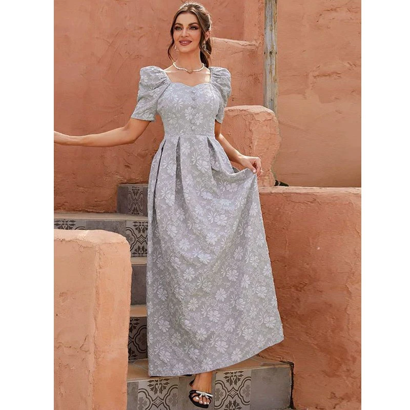 2024 New Elegant Abaya Floral Print Muslim Women Short Sleeve Long Maxi Dress Puff Sleeve Kaftan Turkey Arab Party Gown Vestidos