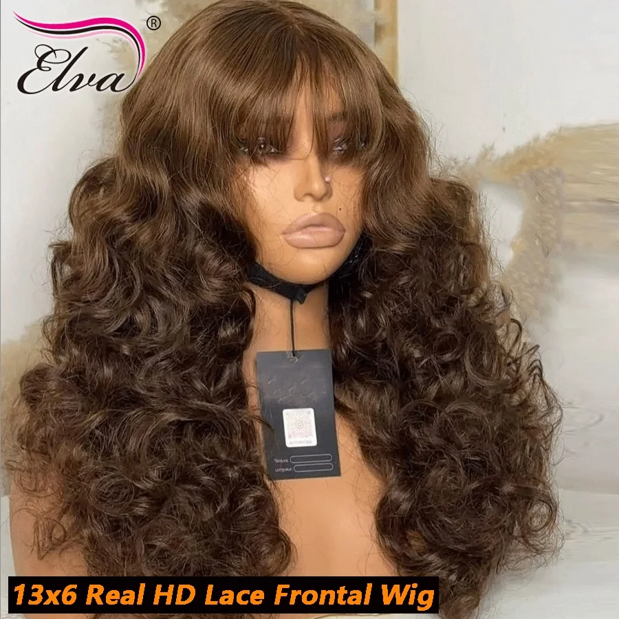 

Ombre Brown Colored Double Drawn Loose Wave Wig With Bangs 250% 13X6 Transparent Lace Front Glueless Wig Human Princess Hair