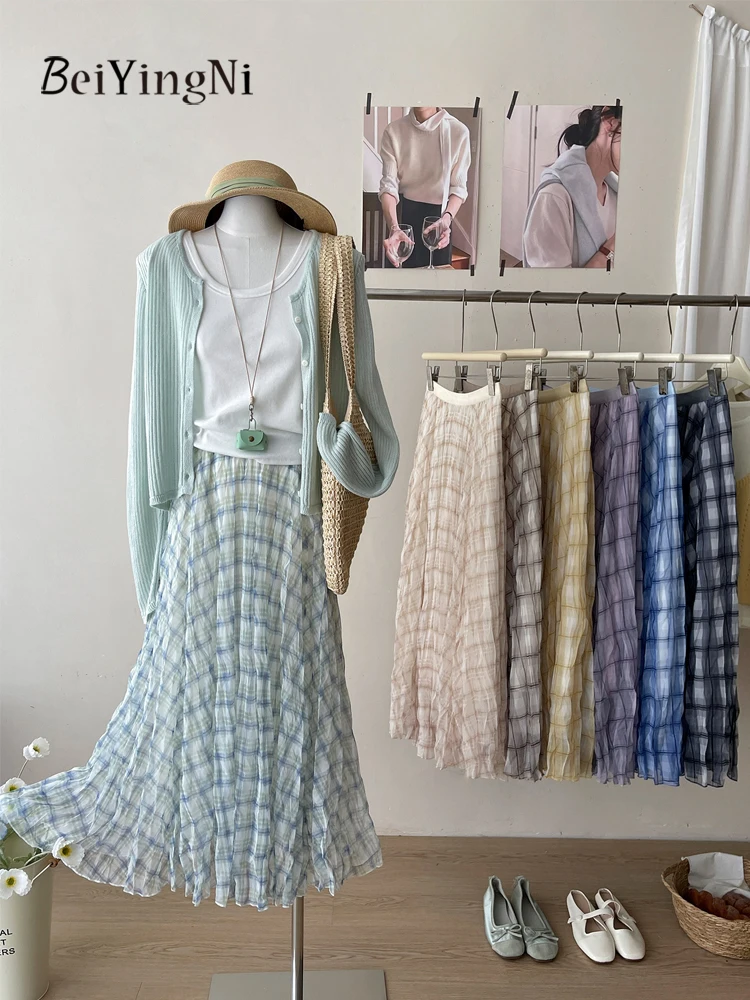 

Новинка 2026: Женская плиссированная юбка миди из сетки в клетку в корейском стиле, летняя длинная плиссированная юбка, струящаяся пляжная юбка в стиле бохо (Faldas)