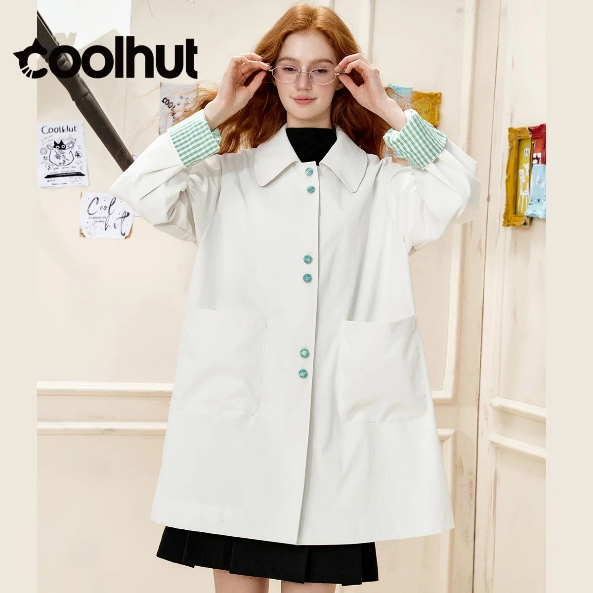 

COOLHUT Women's 2025 British Style Plaid Trench Coat Mid Length Relaxed Fit Patchwork Casual Fall Jacket Premium Outerwear