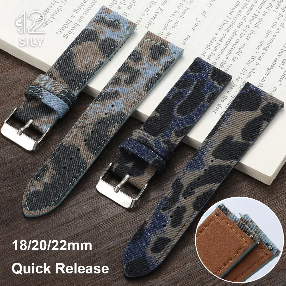 18mm 20mm 22mm Woven Nylon Leather Watchband Leopard‑Print Denim Fabric Watch Strap Men Women Quick Release Bracelet Accessories