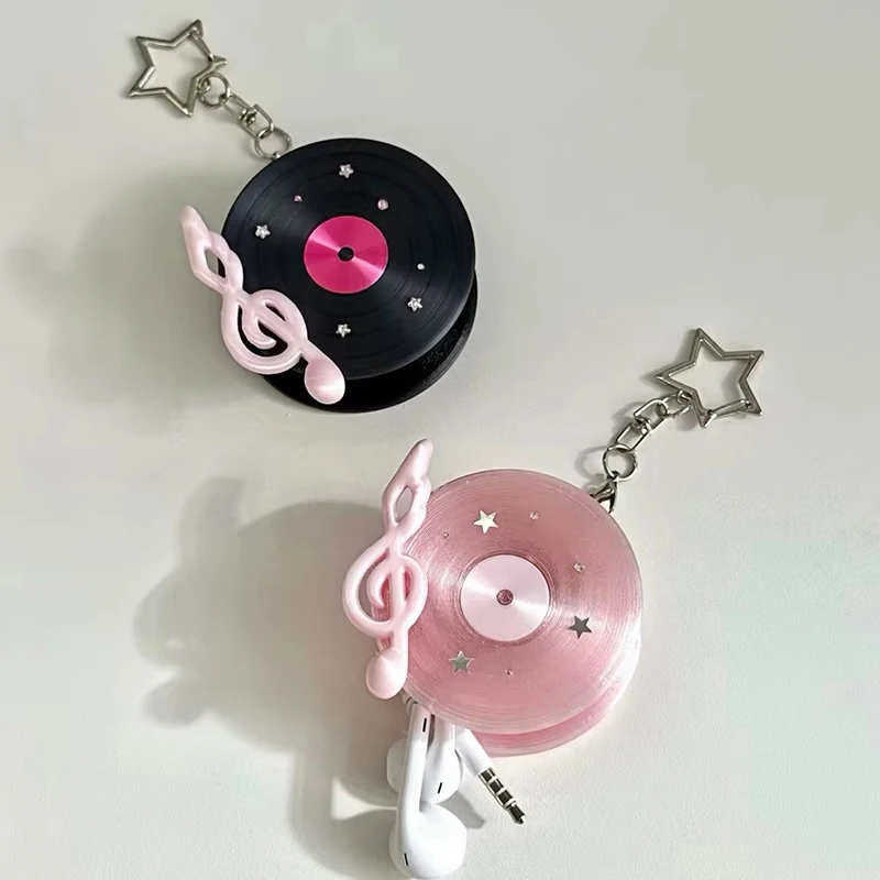 Korean Retro Vinyl Record Headphone Wire Organizer Keychain Star Cute Earphone Cable Winder Storage Mini Pendant Gift