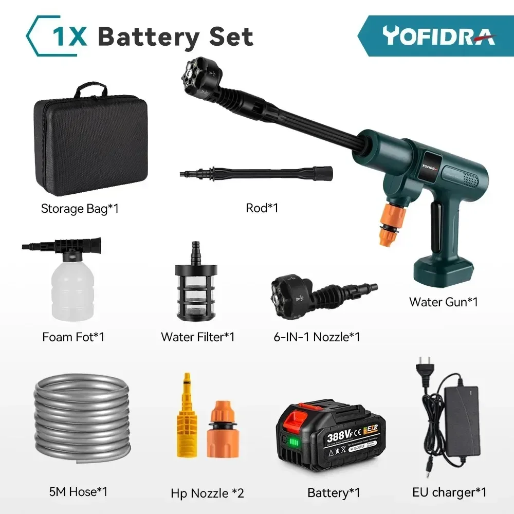 YOFIDRA 200Bar Borstelloze Elektrische Hogedruk Water Spuitpistool 3500W 6IN1 Auto Schone Wasmachine Tuin Gereedschap Voor Makita batterij Pin