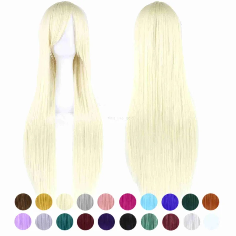 

80cm long blonde straight synthetic hair cosplay wig with bangs Halloween costume party hair W 240801