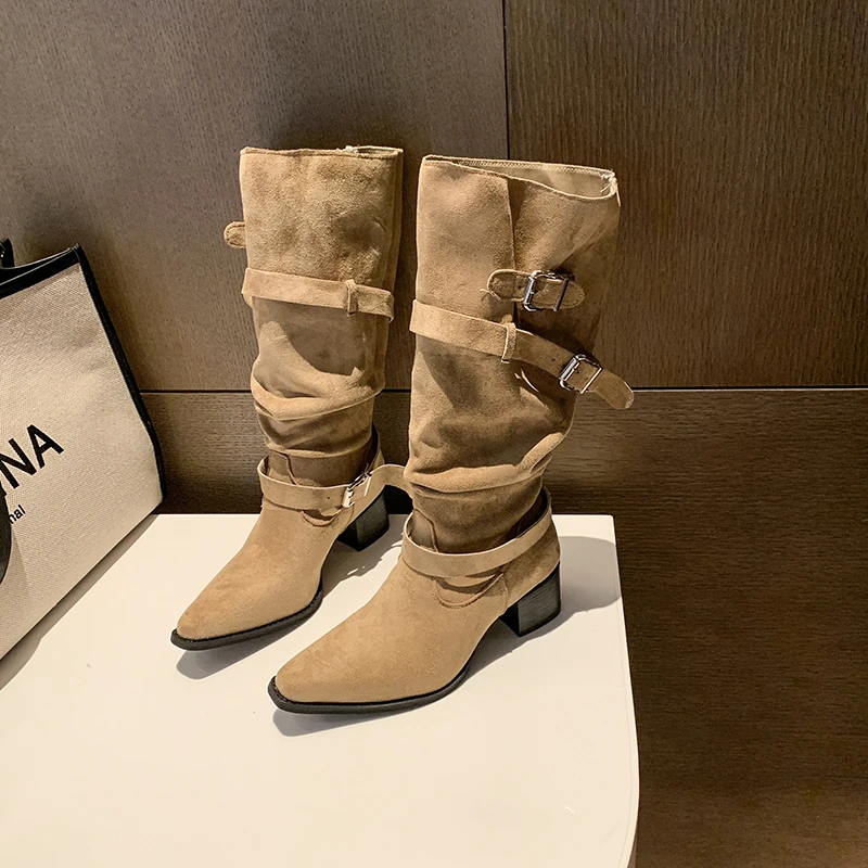 

Бархатные женские сапоги выше колена с резиновой подошвой, винтажные высокие кожаные сапоги с острым носком и металлической пряжкой на ремне