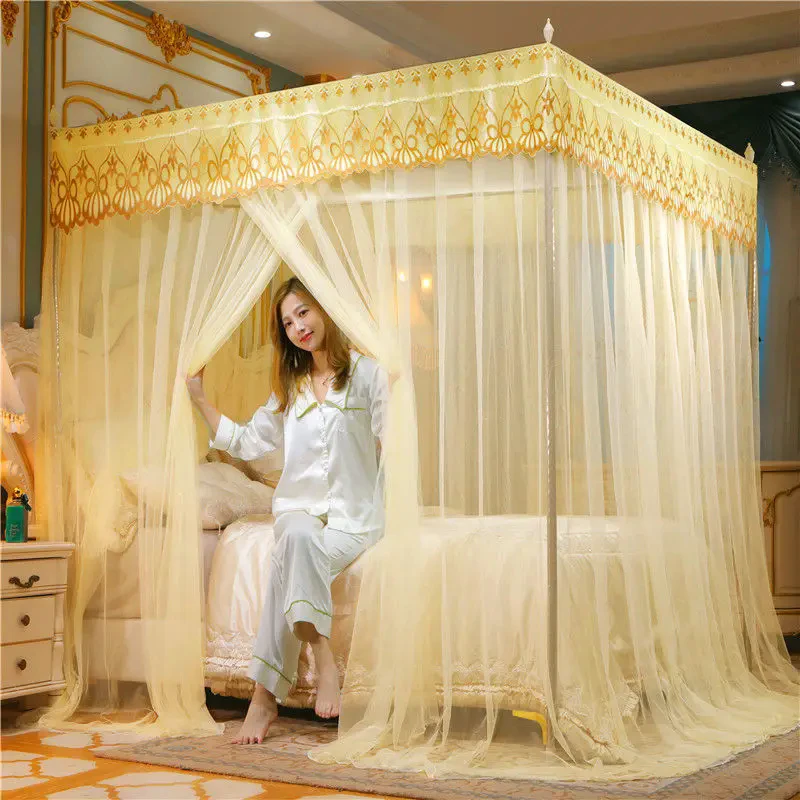 

Romantic Lace Pleated Mosquito Net Embroidery Breathable Square Queen Double Bed Net Canopy Not Included Stainless Steel Bracket