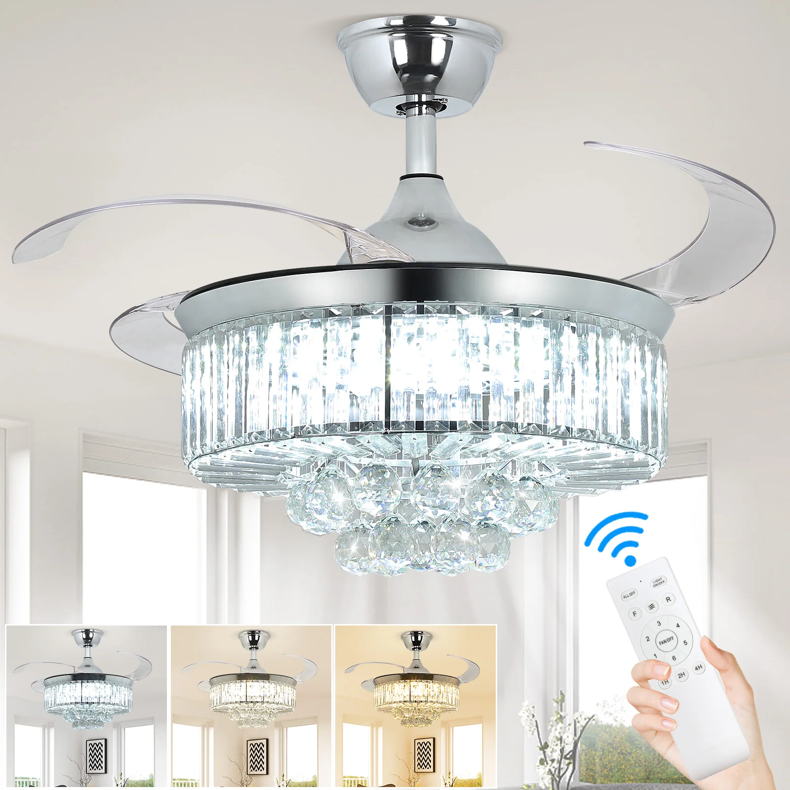 Depuley Crystal Ceiling Fan with Lights and Changeable Reversible Invisible Blades LED Ceiling Fan Chandelier Light for Bedroom