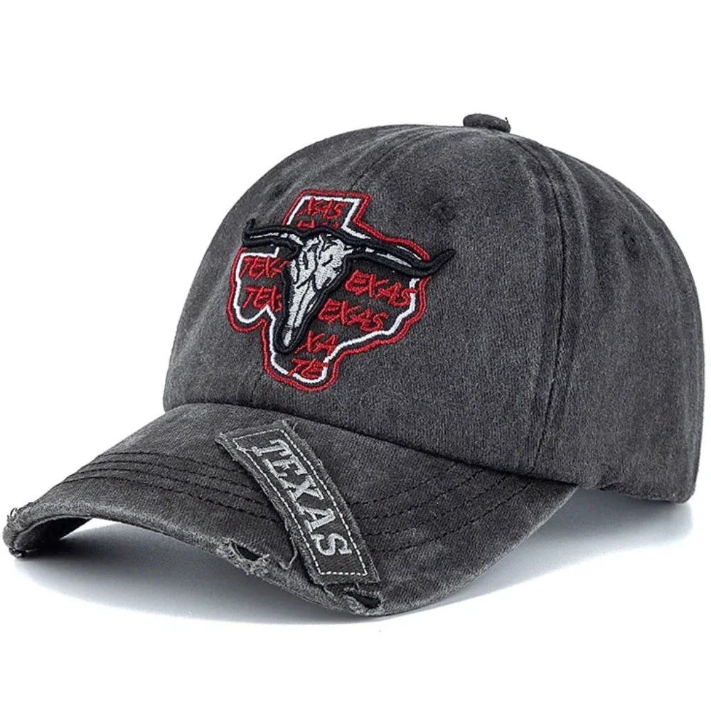 Unisex Washed Cotton Cap Vintage Baseball Cap Classic TEXAS Letter Bulls Head Embroidery Outdoor Dad Hat For Men Women