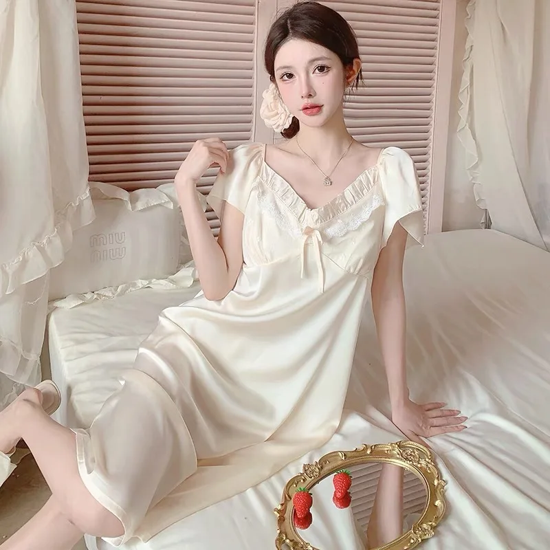 Women Summer Long Ice Silk Nightgown Short Sleeve Sleep Dress with Padded Bra Japanese Sweet Cute Palace Style Loungewear