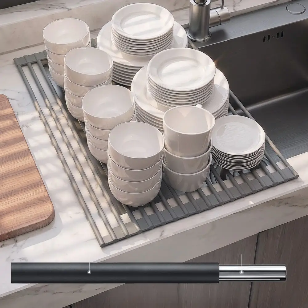 Kitchen Sink Roll Up Dish Drying Rack Stainless Steel Organizer Silicone Foldable Drainer Countertop Storage Shelf Accessory