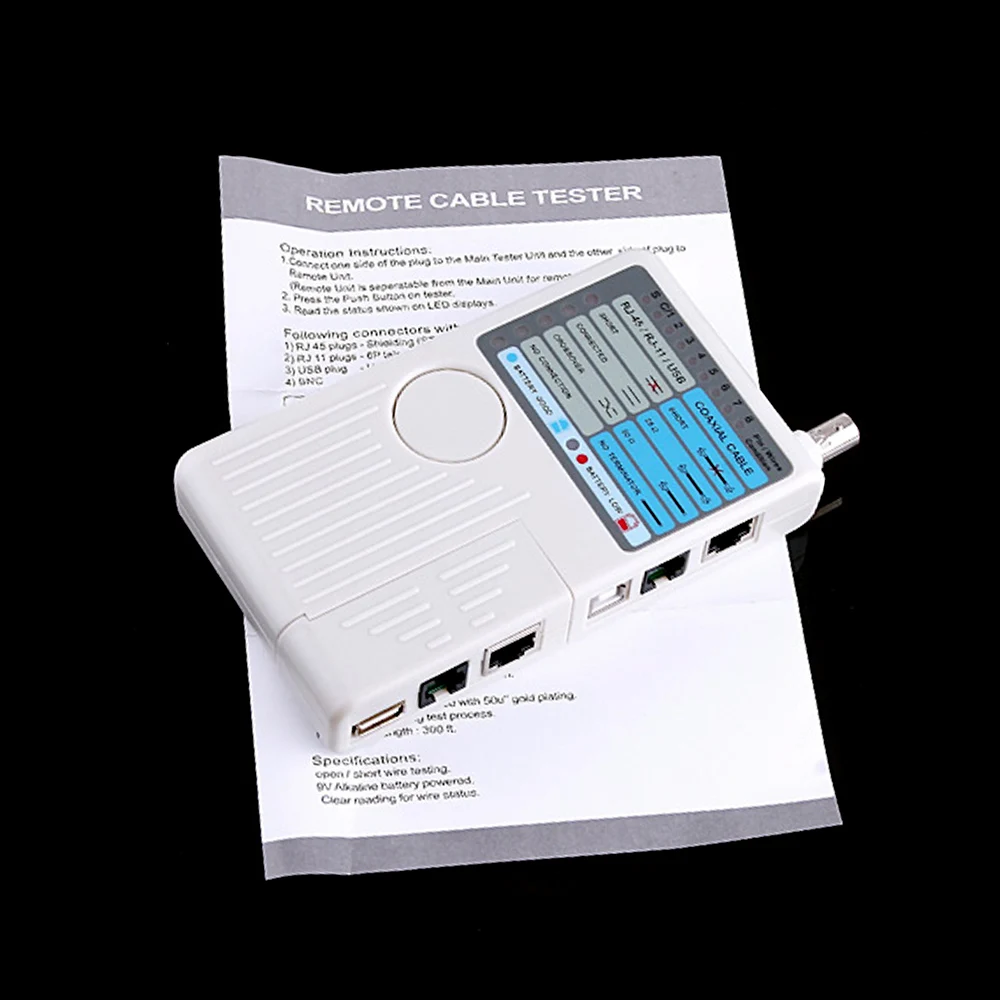 4-in-1 RJ45 Network& Phone Multi-Cable Tester with LED Display for RJ11/RJ45/BNC/USB, 90m Range, 9V Powered Wire Tester