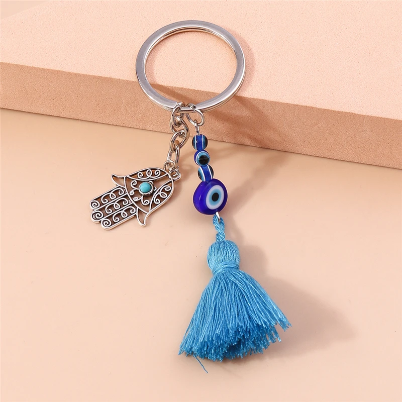 Pretty Turkish  Evil Eye Tassels Keychain Fatima Hand Blue Eye Key Ring Pendants for Handbag Jewelry Accessorie