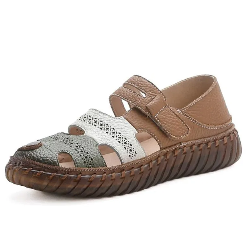 Cowhide Mom Sandals Women's Summer Non Slip Soft Soled Genuine Leather Women's Shoes Comfortable Flat Bottom Large Size 43