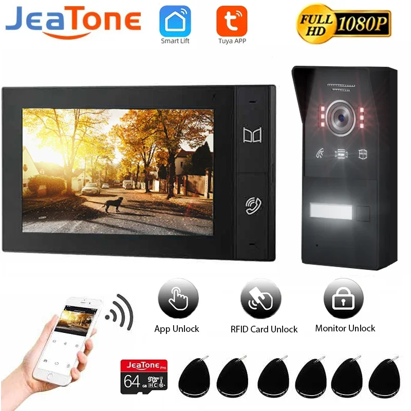 

Jeatone 1080P Tuya Wifi Intercom TUYA Smart Home 7 Inch Touch Screen Monitor 2 Wires Unlock Card Doorbell Camera Security System