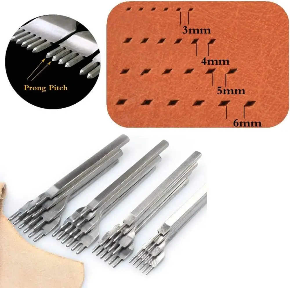 

Leather Tools, White Steel 3~6mm 1/2/4 Prong DIY Diamond Lacing Stitching Chisel Set Leather Craft Kits, Leather Hole Punch