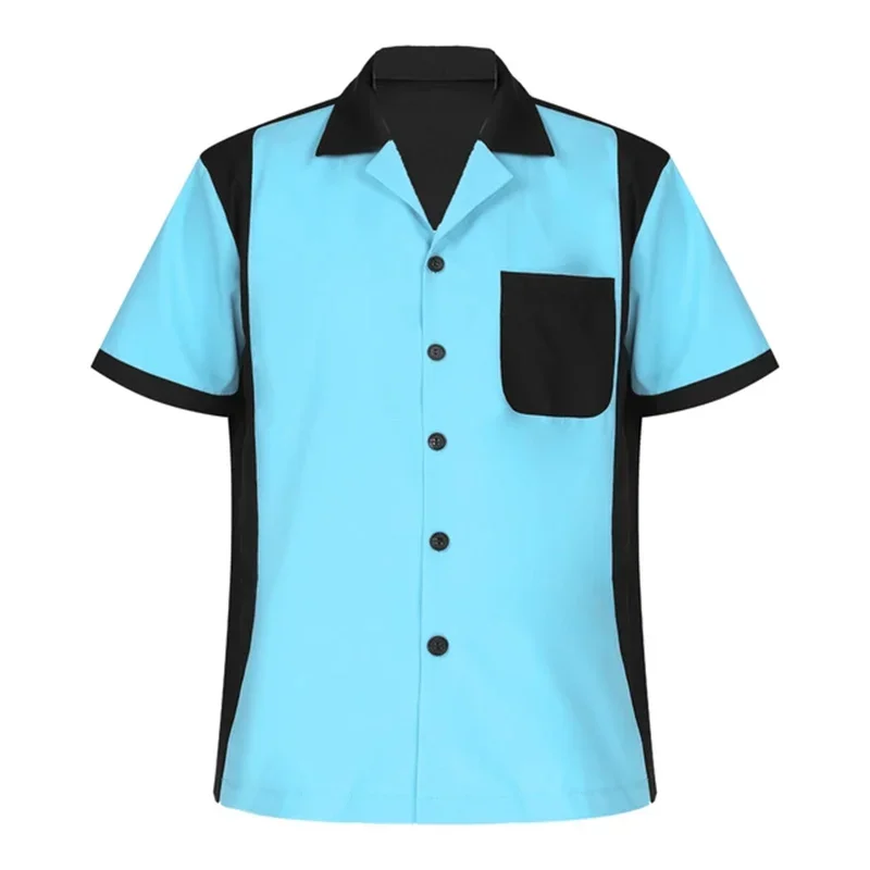 Hot summer new men\'s shirt vintage short sleeve button casual 50t color block striped notch collar shirt 5XL