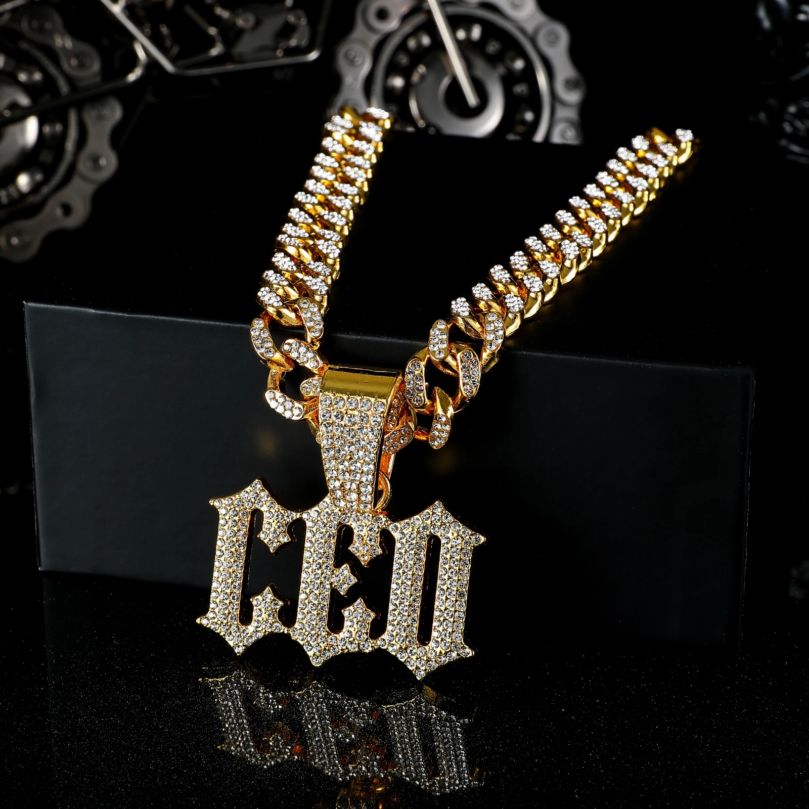 1 Pcs Punk Letter CEO Rhinestone Necklace Pendant Iced Out Hiphop Cool Zinc Alloy Jewelry For Men Boy