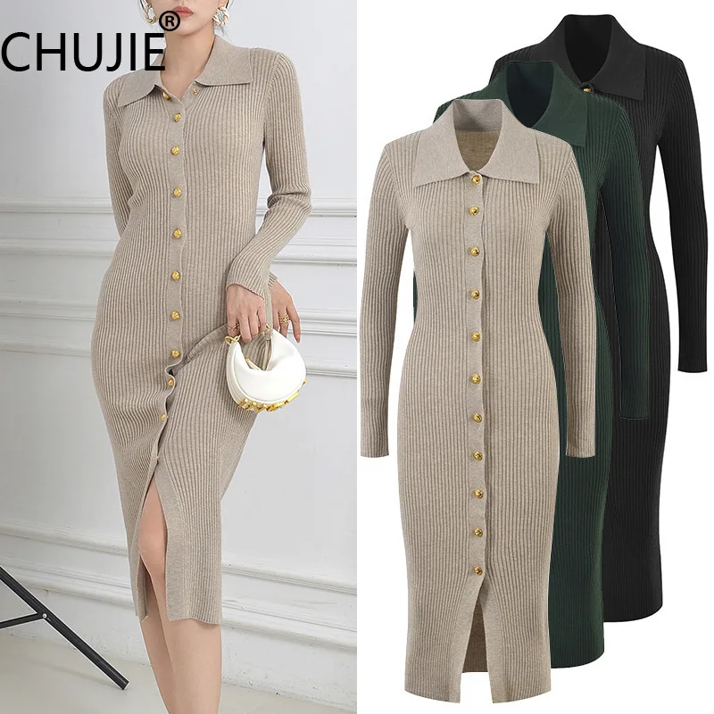 

Women's French Polo Dress 2025 - Single-Breasted Long Sleeve, Office Ready Casual Chic Maxi Dress