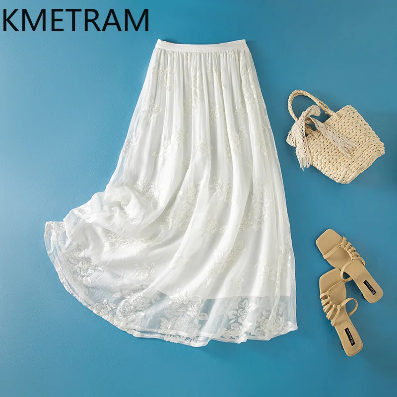 KMETRAM 100% Real Mulberry Silk Women's Skirts White Sequin Embroidery Midi Skirt Elegant Summer Skirts 2026 Woman Clothes юбка