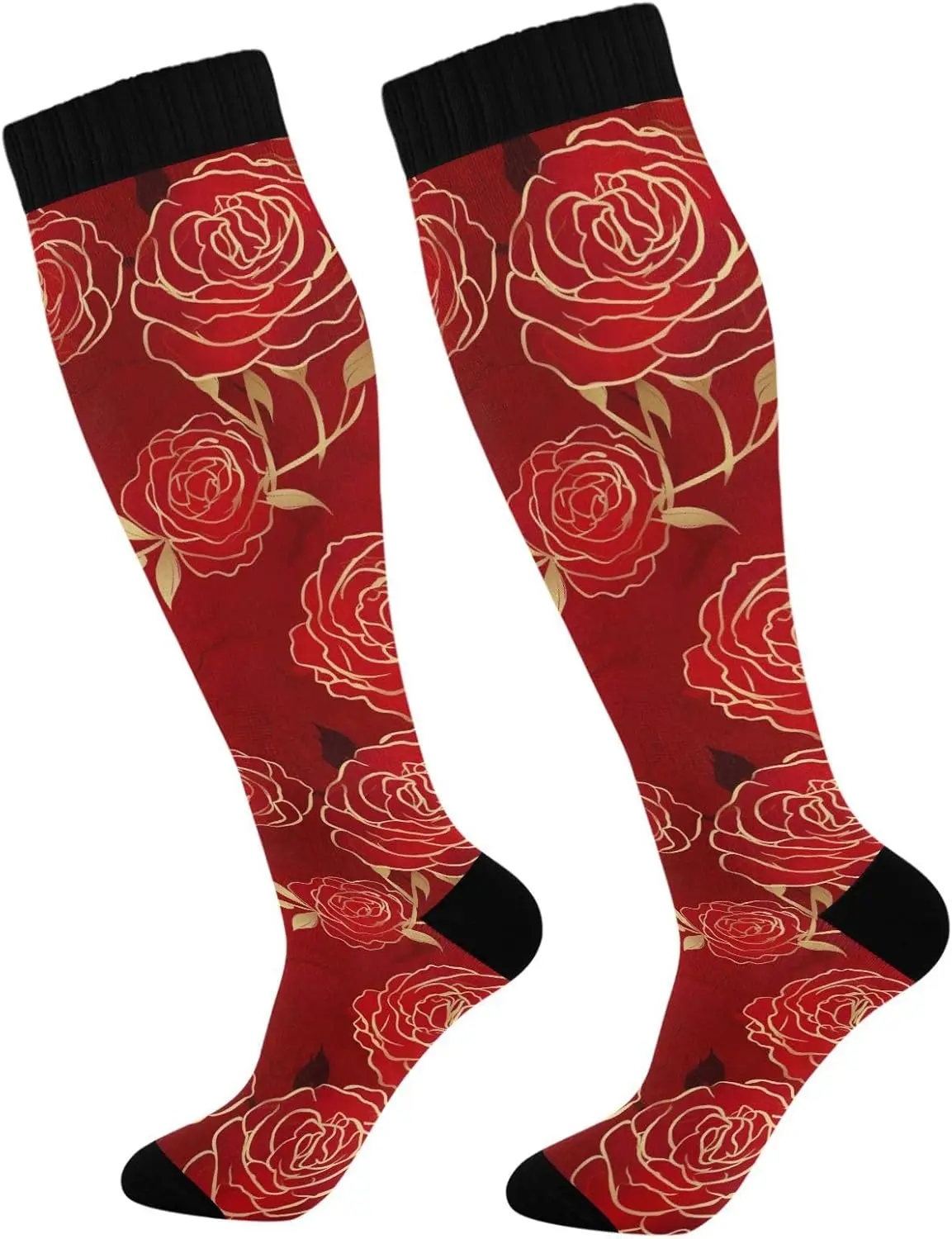 Compression Socks for Women Men, Gold Roses Red 20-30mmHg Knee High Athletic Stockings, Running Cycling Sport Travel