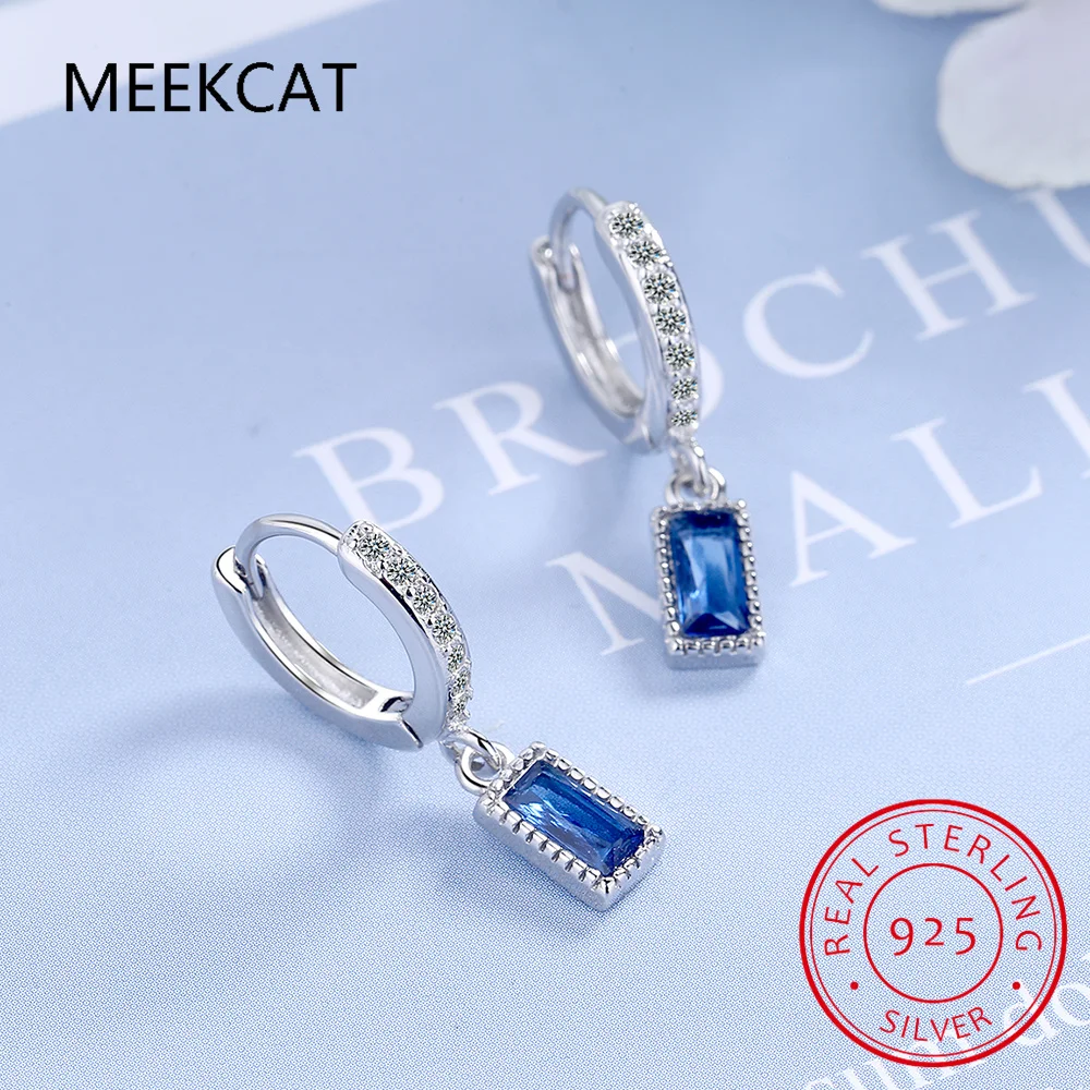 Pendientes colgantes de circonio azul cuadrado de Plata de Ley 925, nuevos pendientes simples de estilo para mujer, joyería fina BSE613