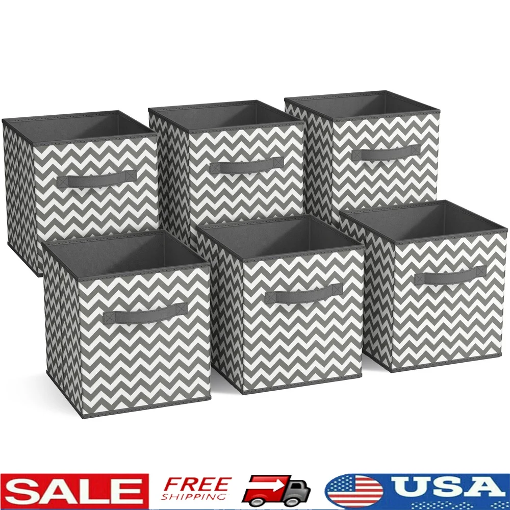 

Foldable Fabric Storage Cubes Bins 6-Pack Chevron Design Kids Adults Easy Access Handles Closet Organization