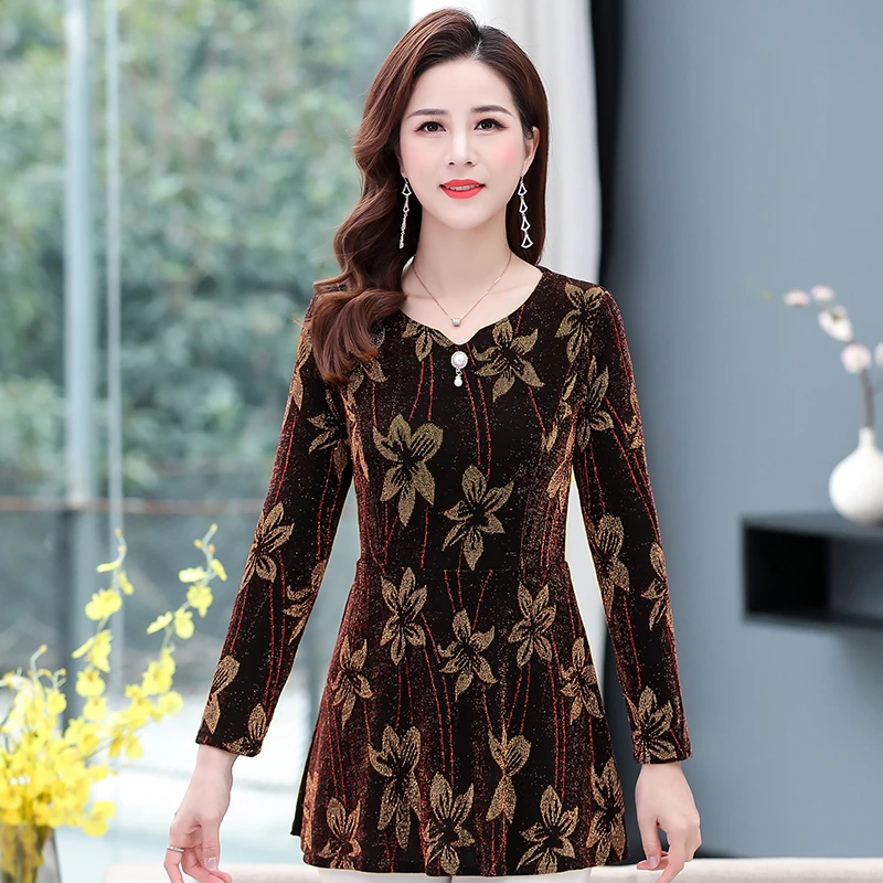 NEW Spring  Autumn Basic Shirts Blouses Women Fashion Slim Elegant Office Lady V Neck Flower gold wire long Top