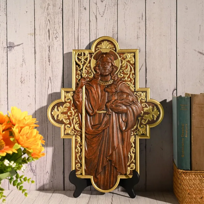 Vantage Jesus Shepherd Icon Sculpture Plaque, Catholic Saints Image, Faith, Christian Home Wall Decor, Wood Carving Gift