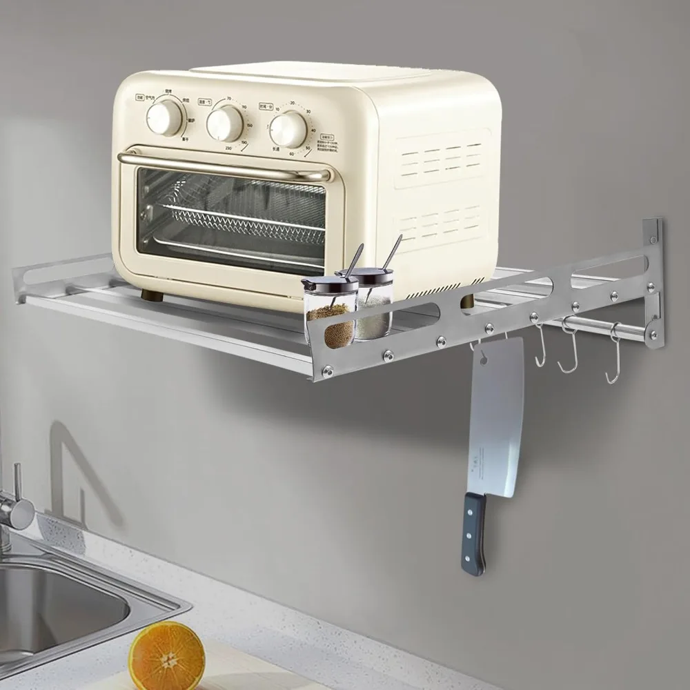 Wall Mount Microwave Oven Shelf Rack for Kitchen Home Stainless Steel Storage Bracket with 12 Slidable Hooks