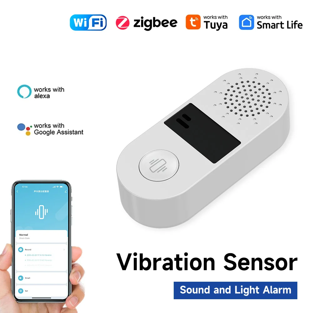 Tuya WiFi Vibration Sensor with Sound and Light Alarm 130DB Zigbee Vibration Sensor Smart Home Security Protection APP Monitor